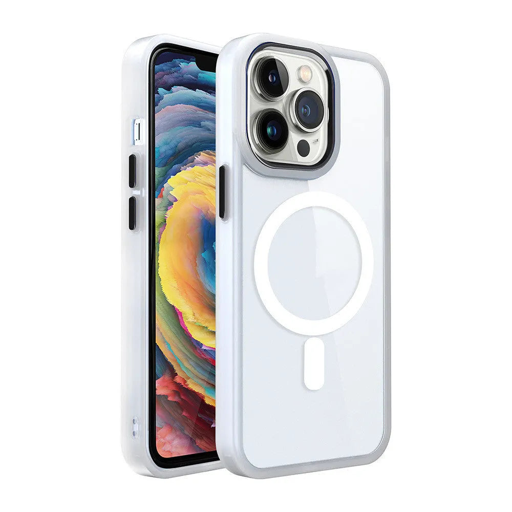 Magnetic transparent silicone phone case on an iPhone, showing colour options like green and red.