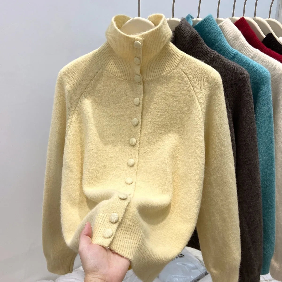 Women's turtleneck single-breasted cardigan, thick polyester knit, loose lazy style, apricot colour