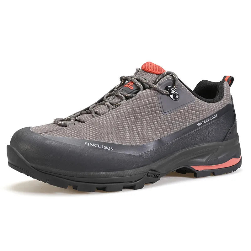 Men's low-top hiking boots in black with a rubber outsole and lace-up front.