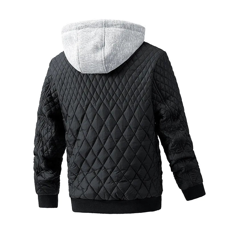 Men's quilted cotton jacket with removable hood, polyester blend, available in army green, black, dark blue, khaki, sizes L to XXXL