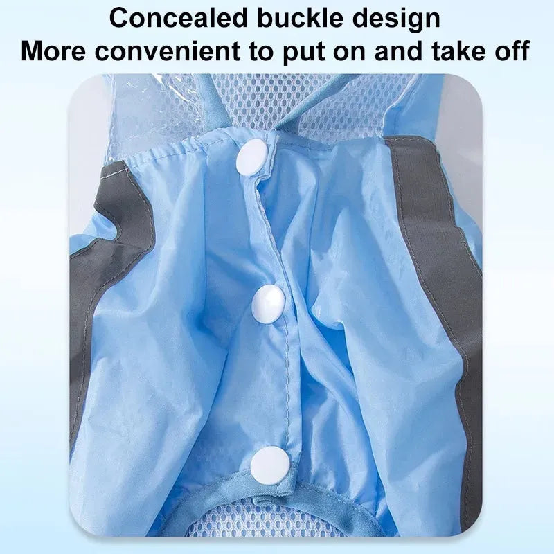 Blue pet dog raincoat with full body and four leg coverage on a small dog