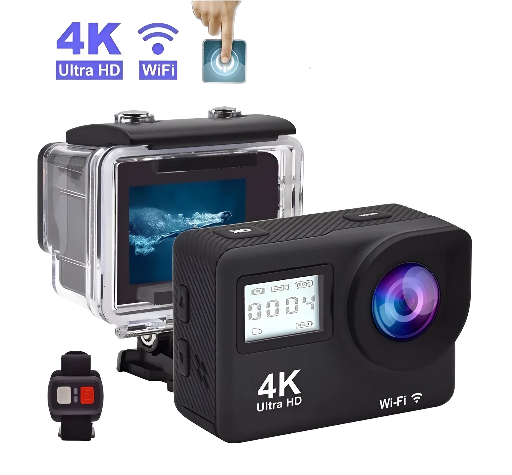 4K HD dual screen WiFi sports camera with remote control, waterproof to 30 metres, black and silver models