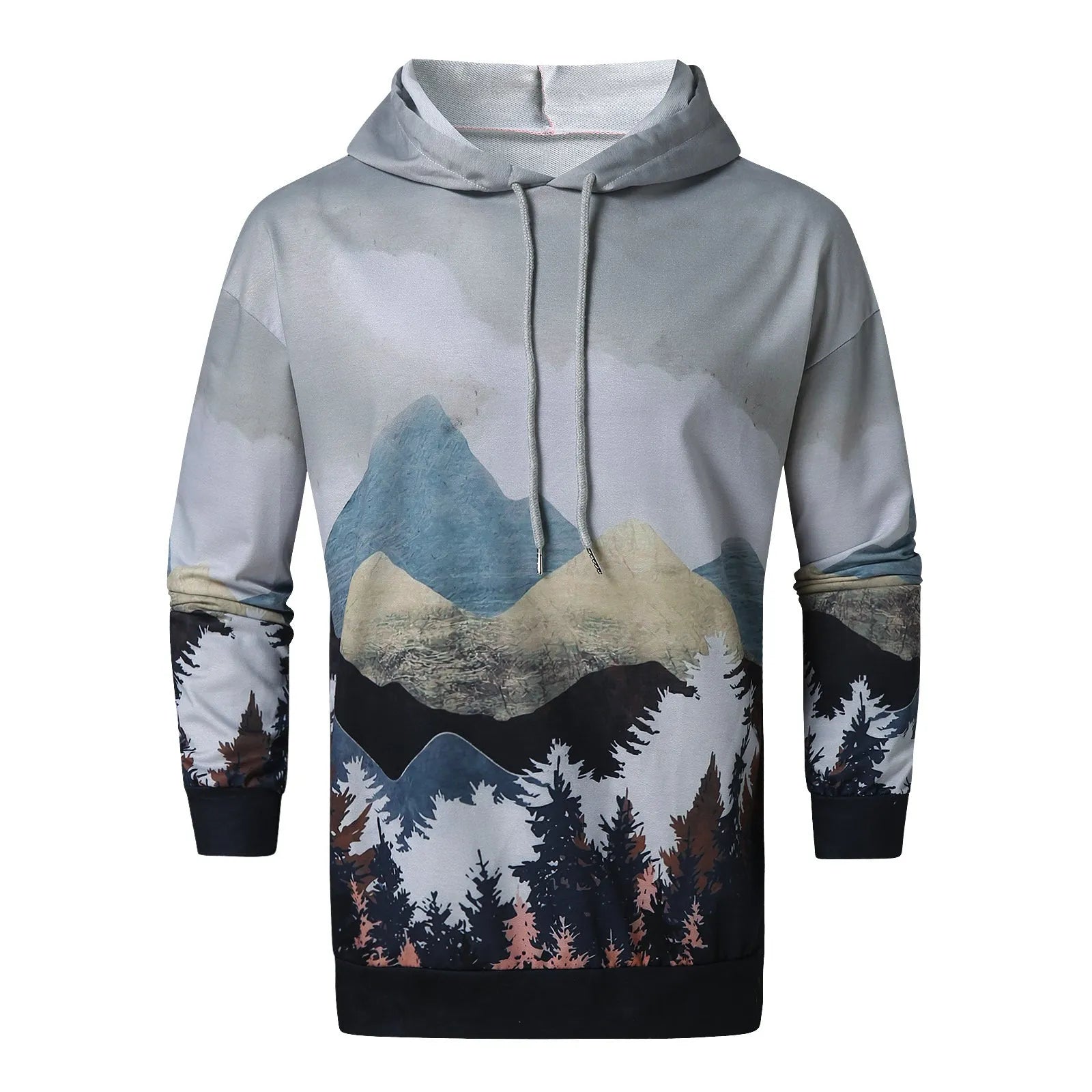 Printed super flexible men's hoodie in Grey polyester fleece, front view