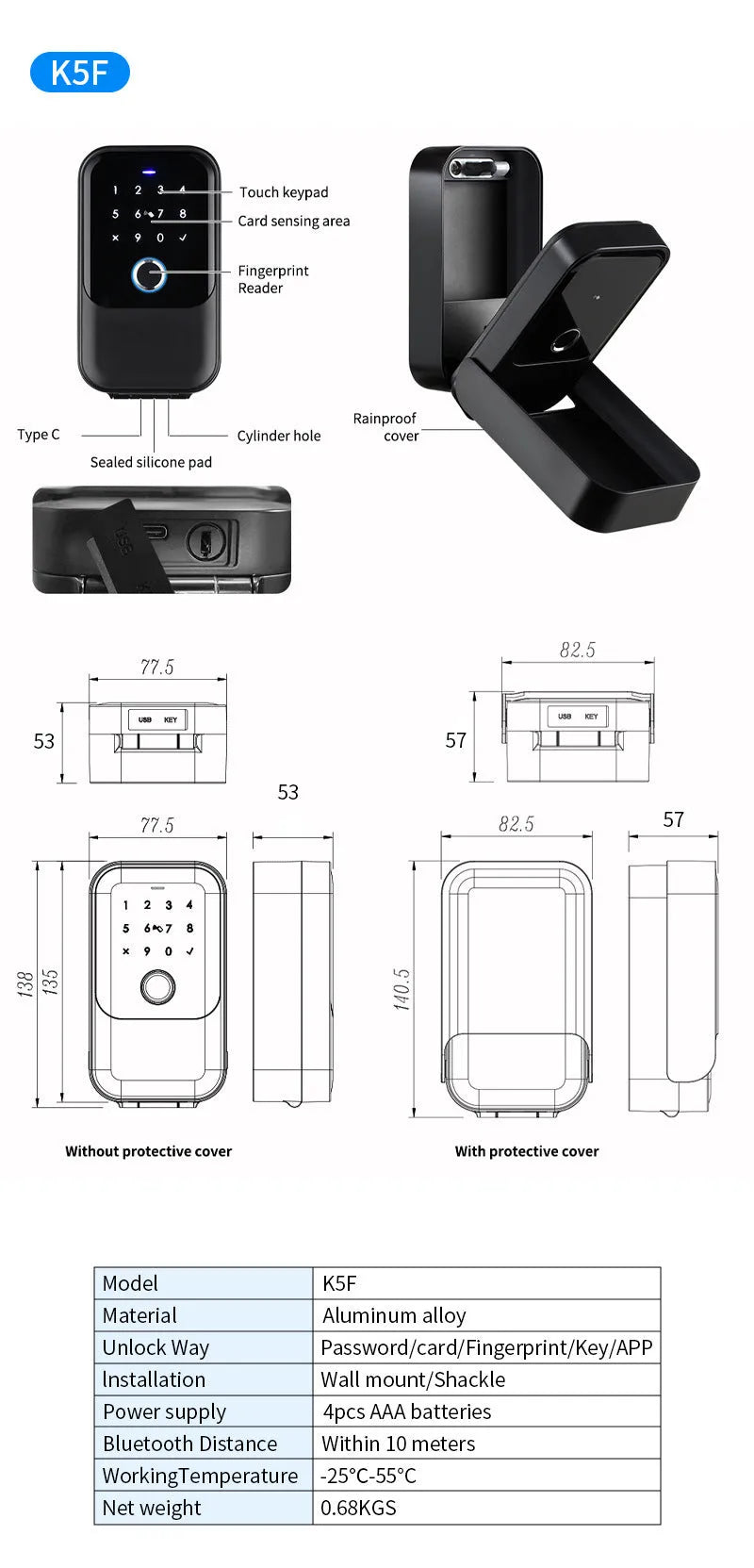 Smart key box K3BF model with fingerprint sensor and keypad for keyless entry