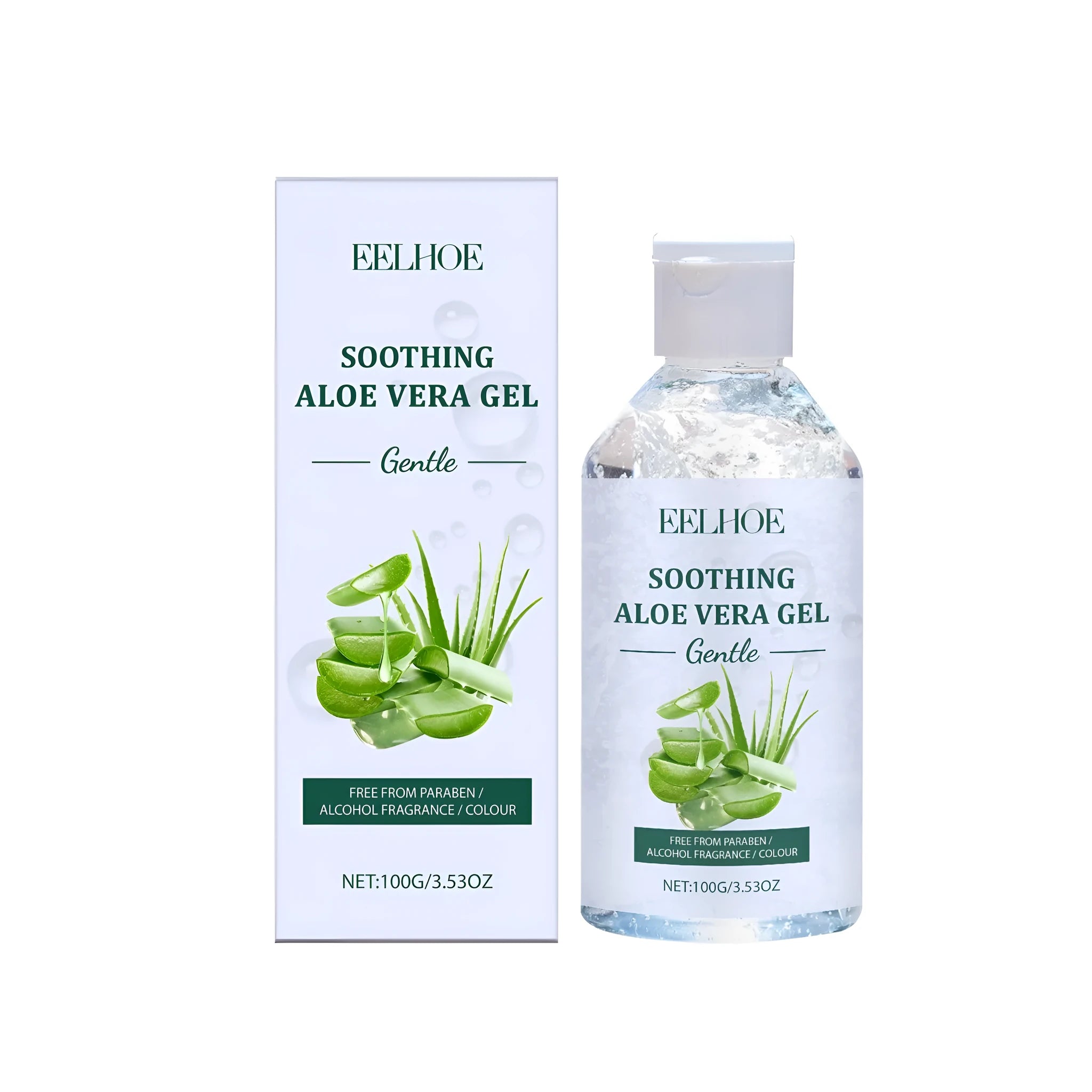 A 100g tube of clear aloe vera gel with sodium hyaluronate for skincare.