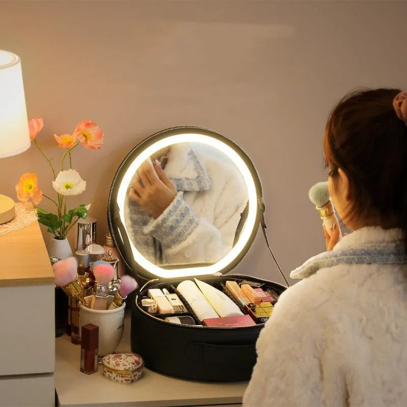Round smart LED makeup bag with mirror lights in cherry blossom pink, PU leather, 29x28x11cm