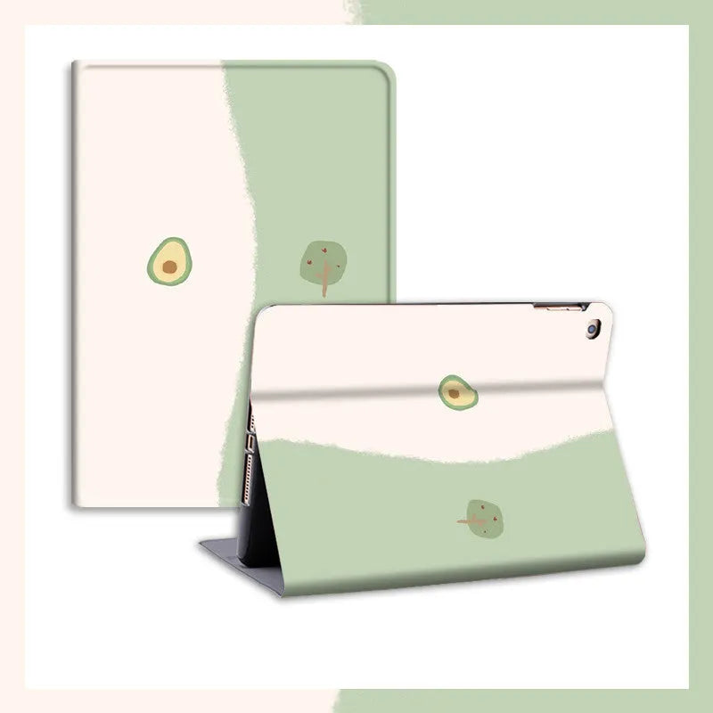 Cartoon literary avocado silicone iPad case with book style and pen slot options