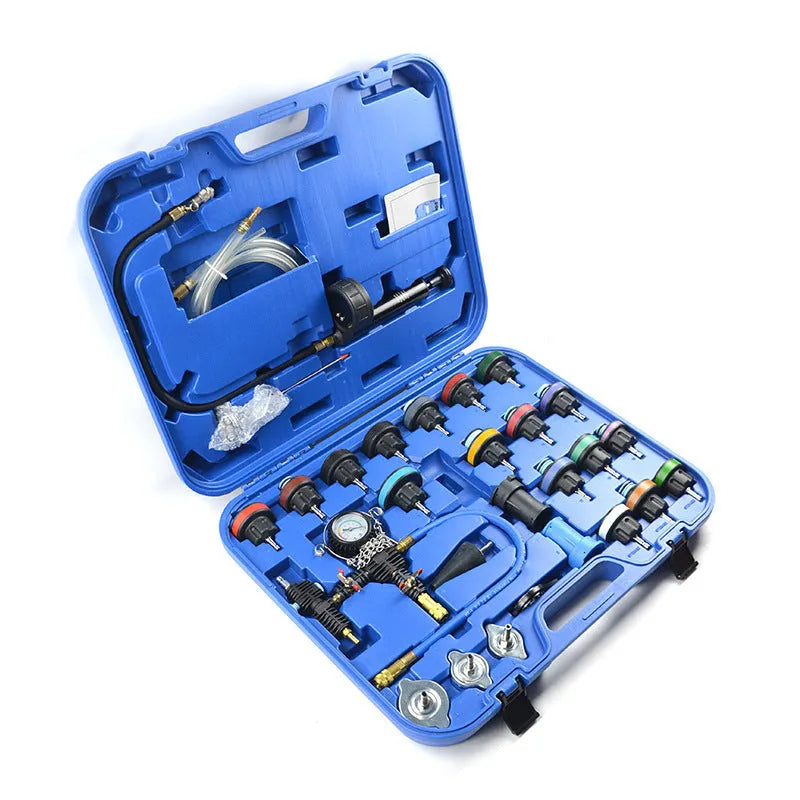 28-piece automotive radiator pressure testing kit with vacuum purge and refill tools