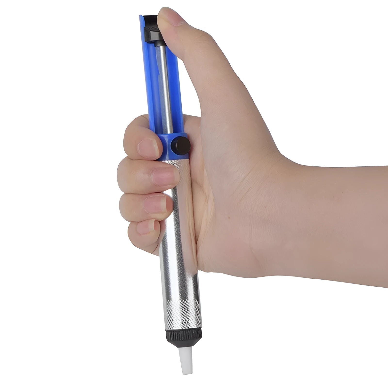 Manual tin sucker with ABS and aluminium body, blue finish, for solder removal during welding disassembly