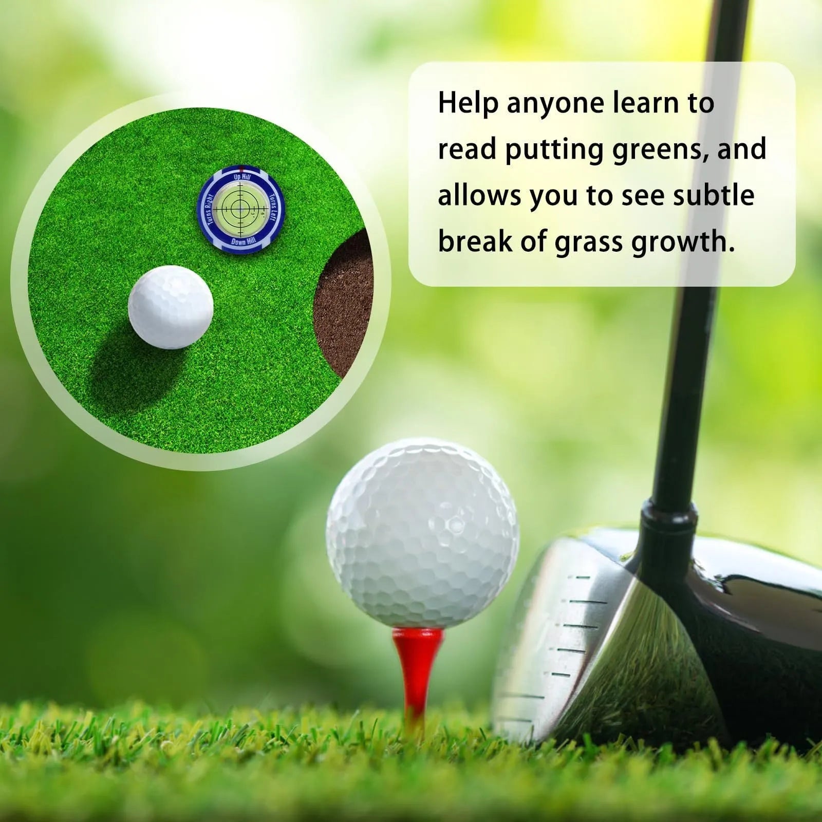 Golf level measurement tool with hat clip and green position markings for score tracking
