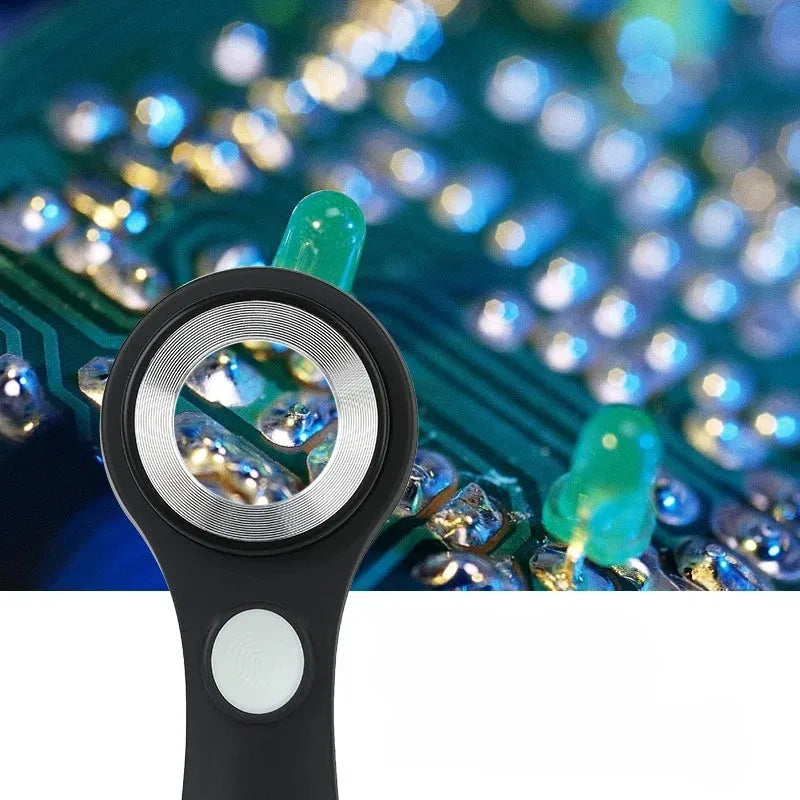 Black or silver rechargeable magnifying glass with optical glass lens and USB-C cable for appraisal work.