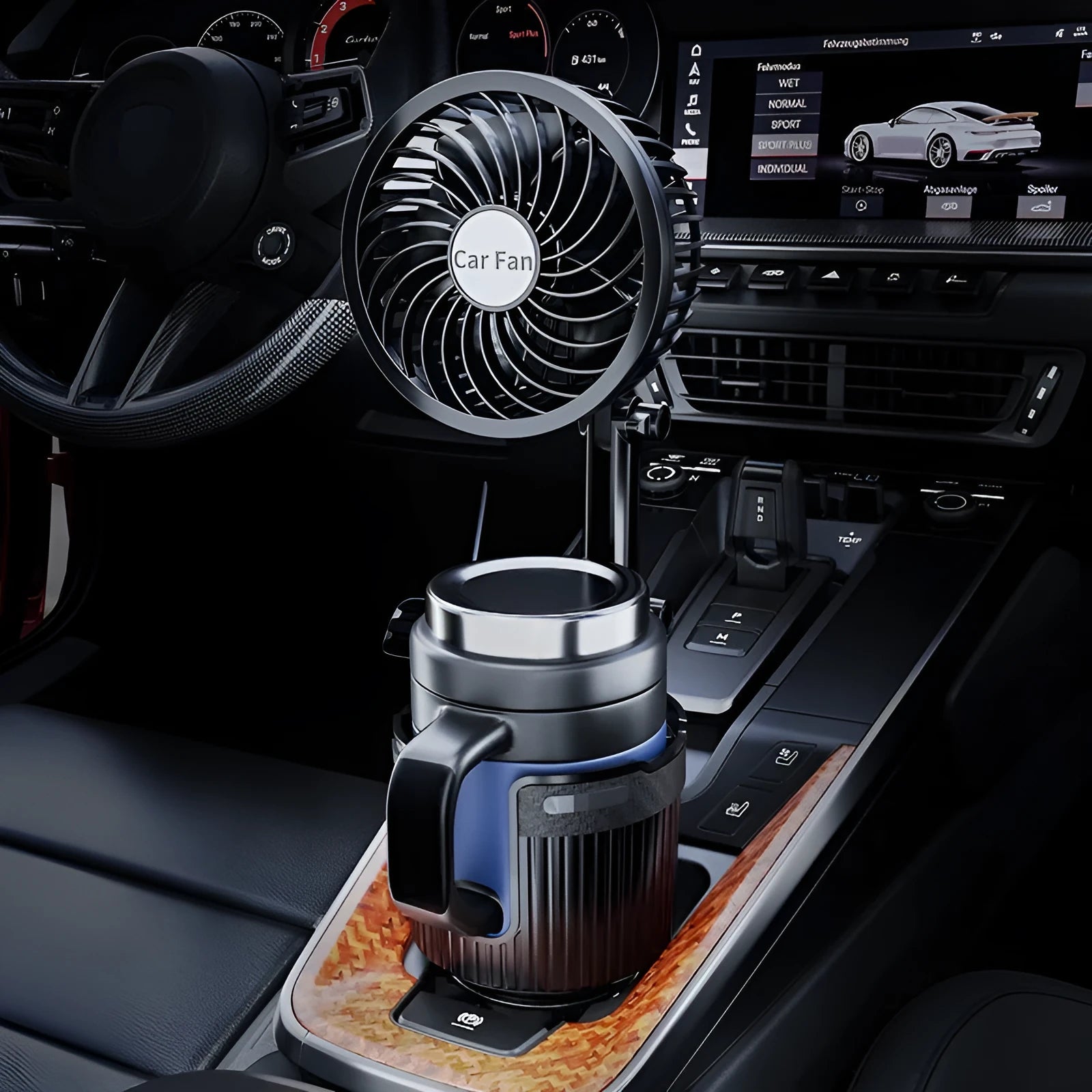 Car water cup holder fan in ABS plastic available in 4-inch and 6-inch sizes with multiple power connection options.