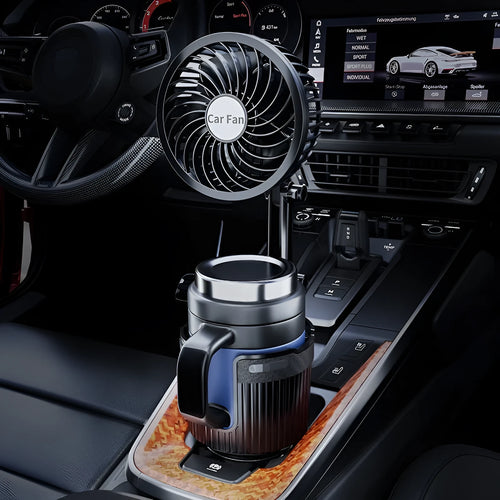Car water cup holder fan in ABS plastic available in 4-inch and 6-inch sizes with multiple power connection options.