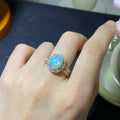 Pure natural opal handmade sterling silver adjustable ring showing rose gold finish and opening design