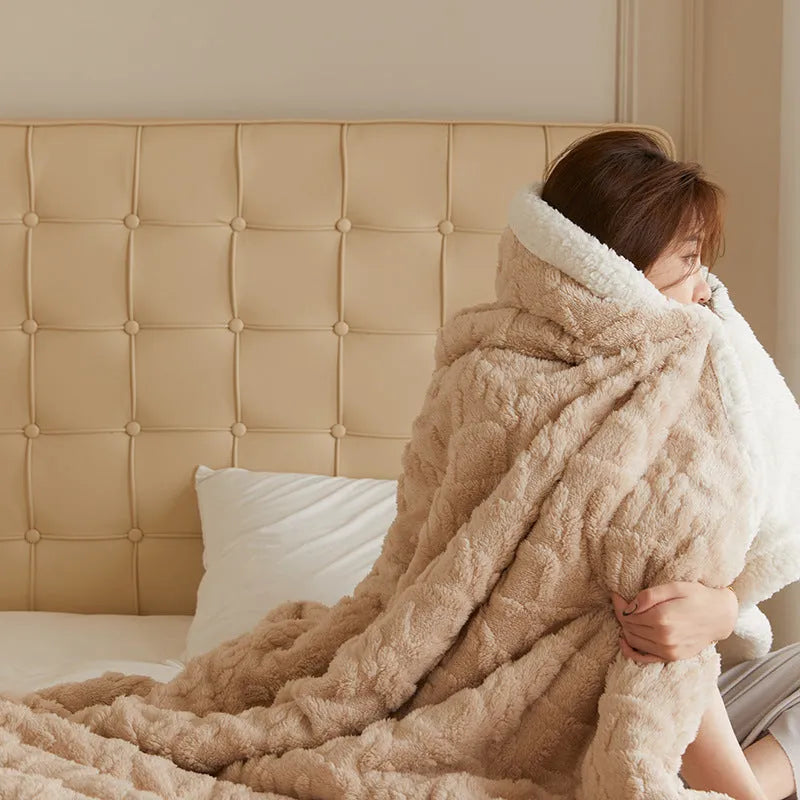 Taffeta thermal flannel casual blanket in tea green colour showing thickened texture for autumn and winter use
