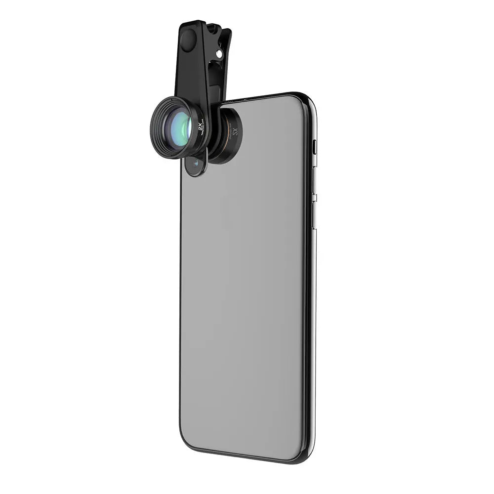Black 6-in-1 mobile phone camera lens kit with fisheye, macro, wide-angle, telephoto, CPL, and star filter lenses on a universal clip.