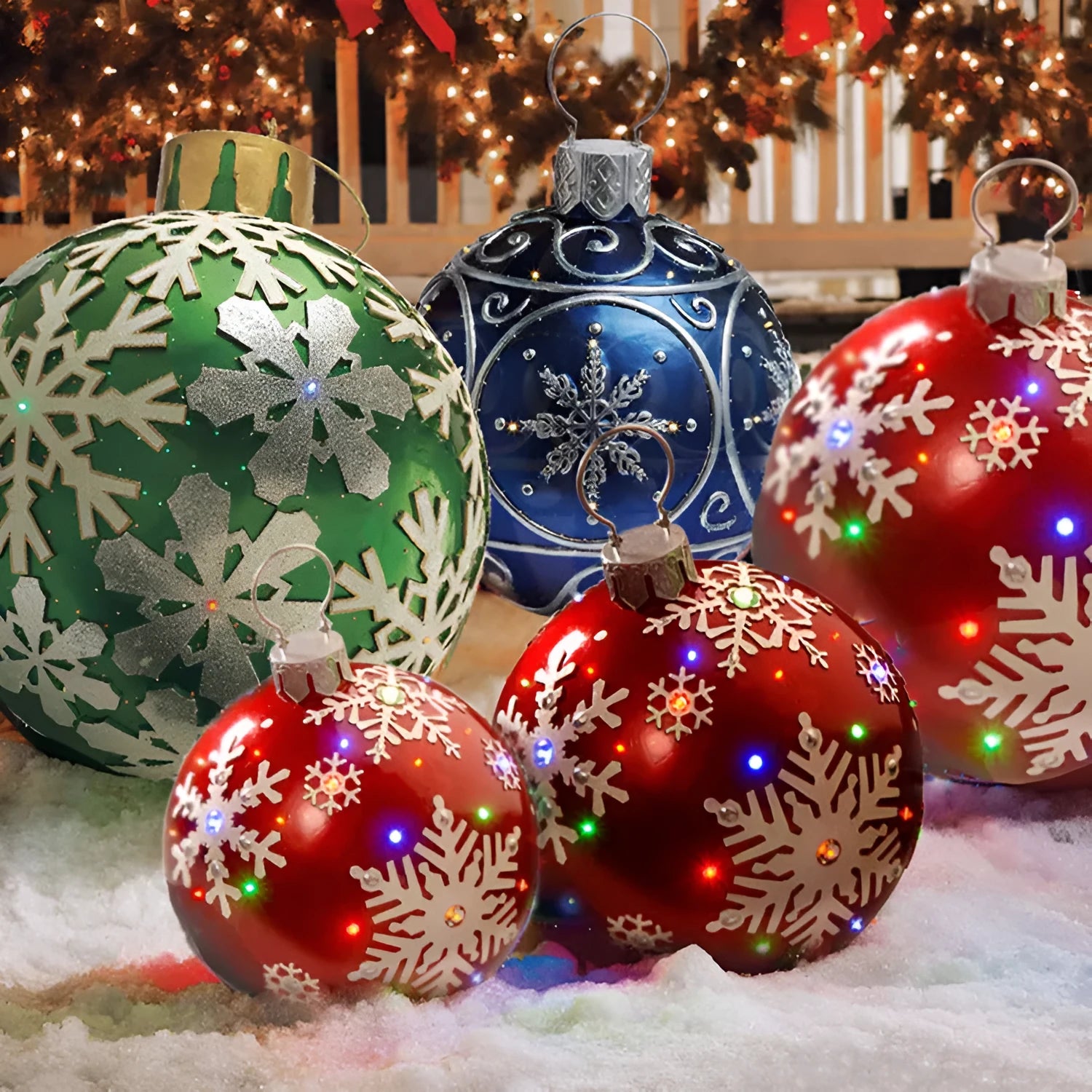 Large 60cm diameter inflatable PVC Christmas decoration ball in bright colours for outdoor use.