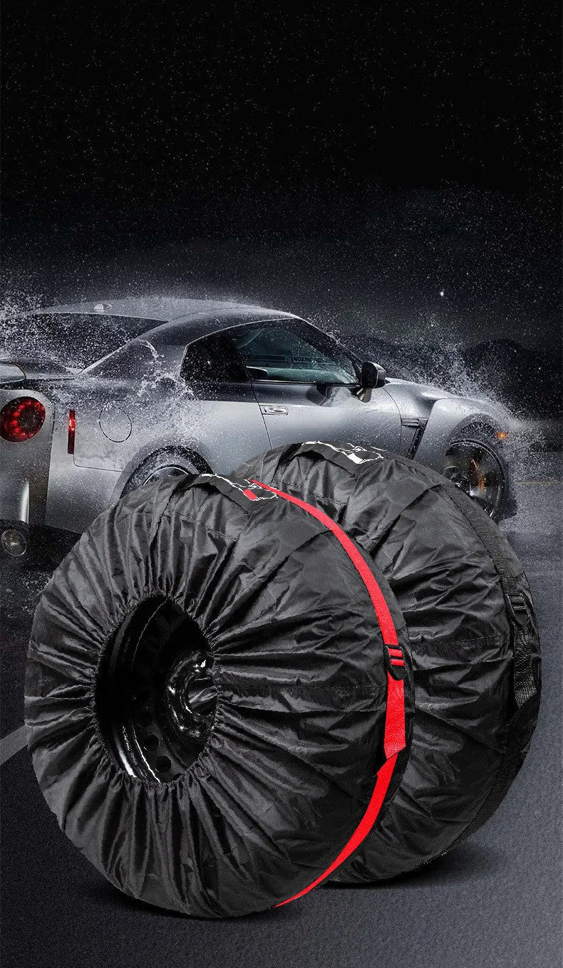 Four black Oxford cloth polyester tyre protective covers laid flat, showing their circular shape.