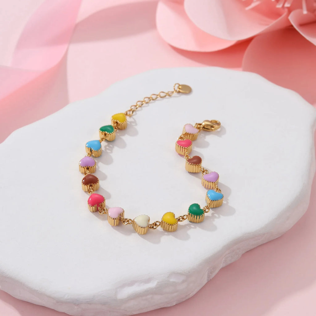 Gold or steel women's bracelet with colourful oil necklace and love heart pendant