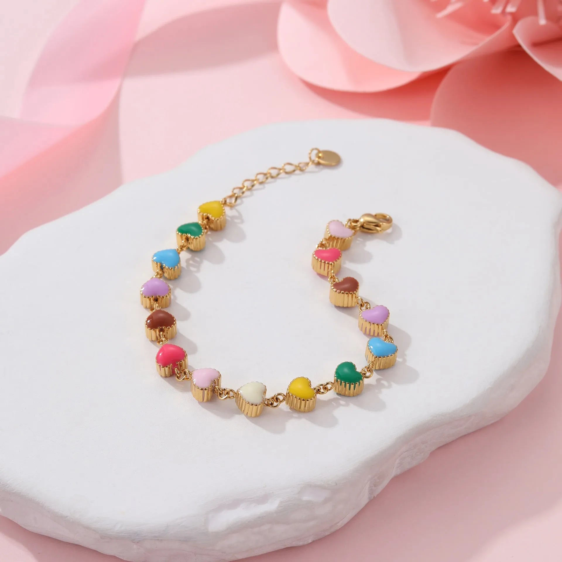 Gold or steel women's bracelet with colourful oil necklace and love heart pendant