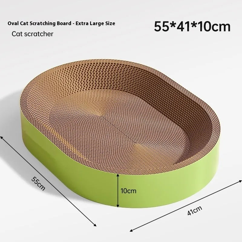 Green oval corrugated paper cat scratch board and lounge nest, 55 cm in diameter