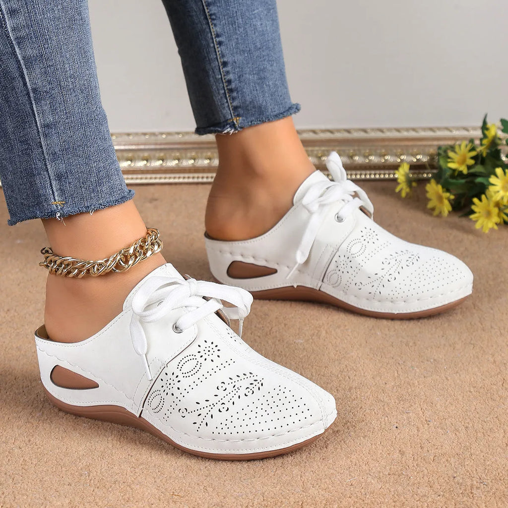 Women's suede lace-up summer slippers with hollow out wedges design in multiple colours