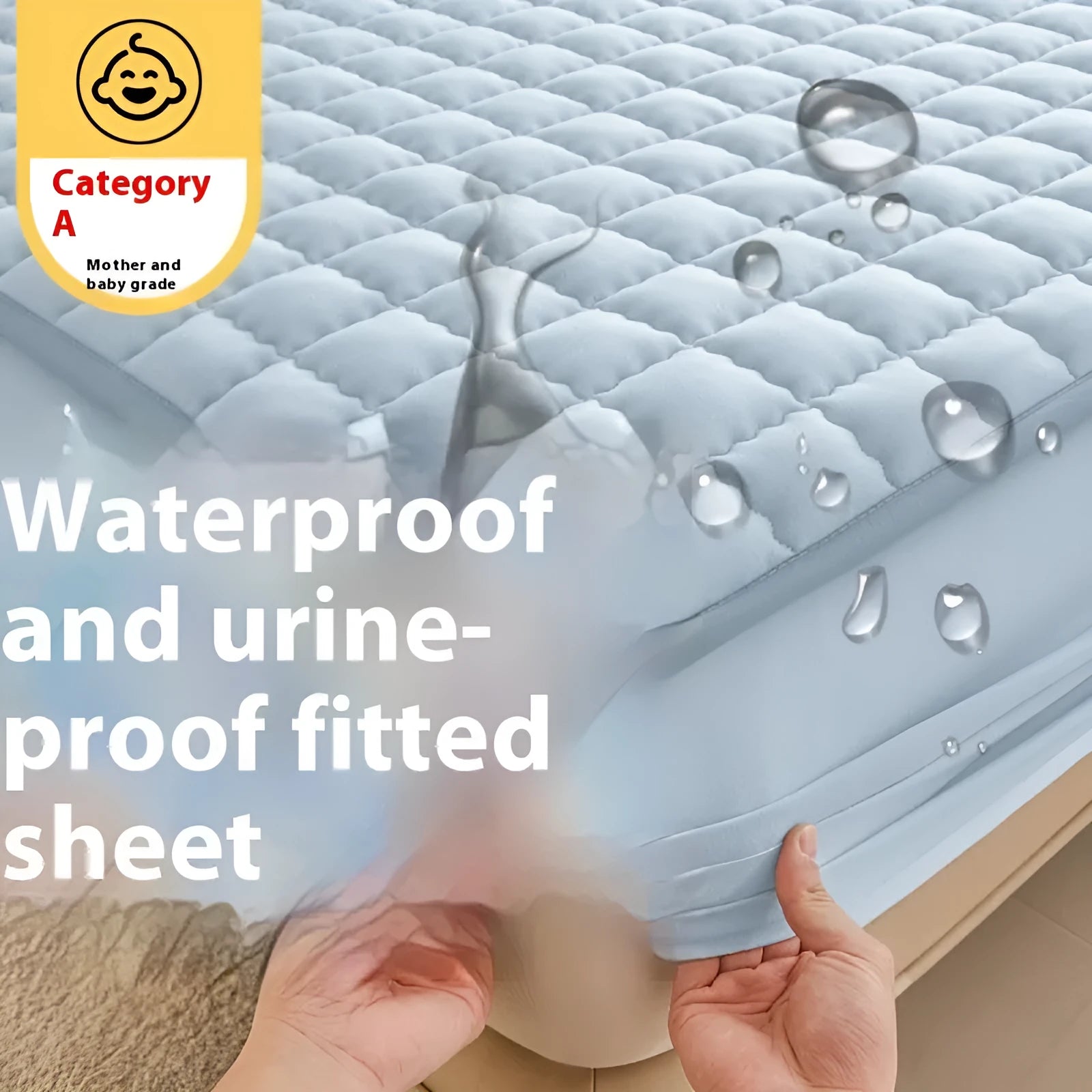 Class A waterproof washed cotton fitted sheet in blue on a bed.