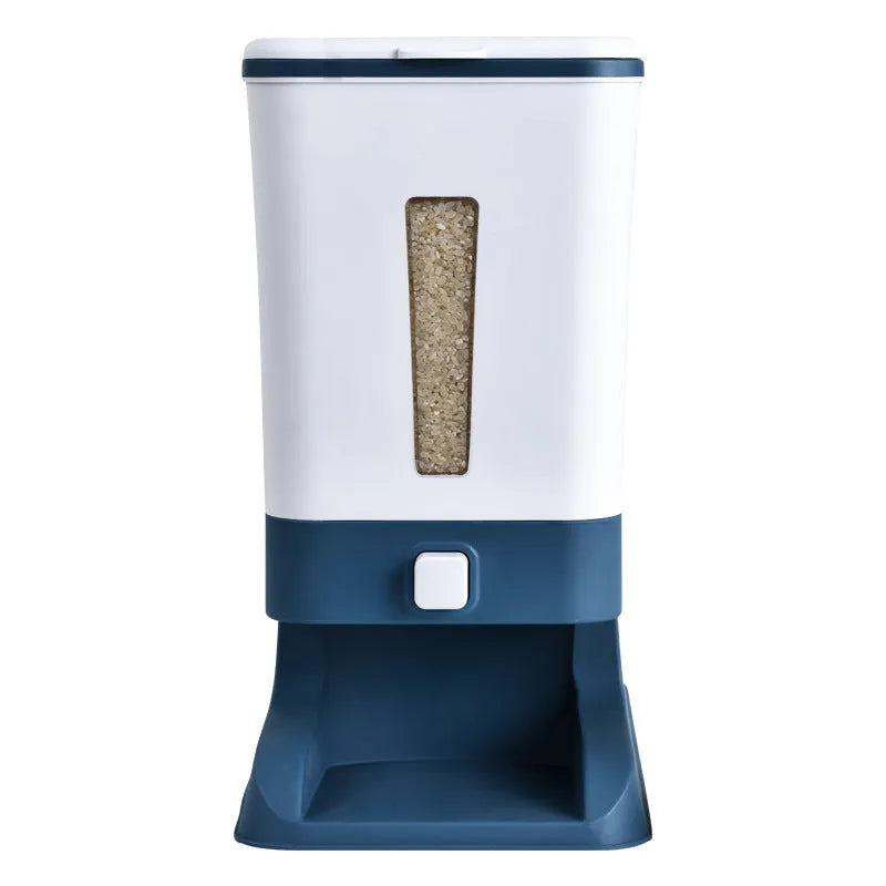 Automatic kitchen plastic rice bucket with metering dispenser, 5L–6L capacity, in black PP plastic