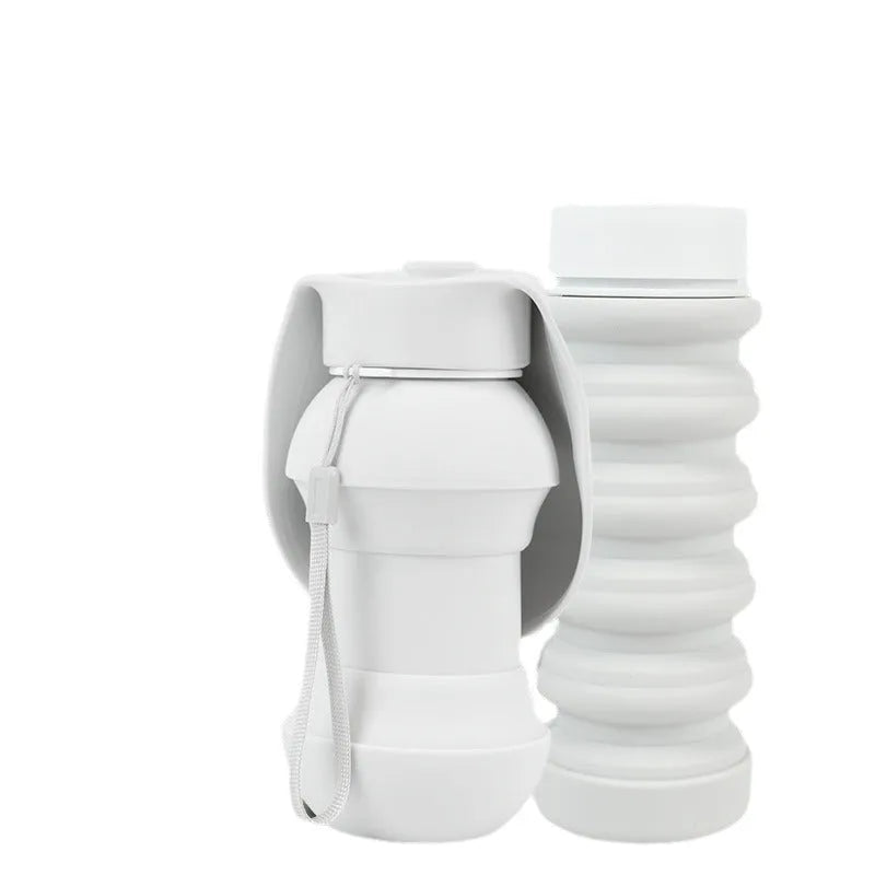 Collapsible silicone pet drinking cup shown folded and unfolded with packaging options