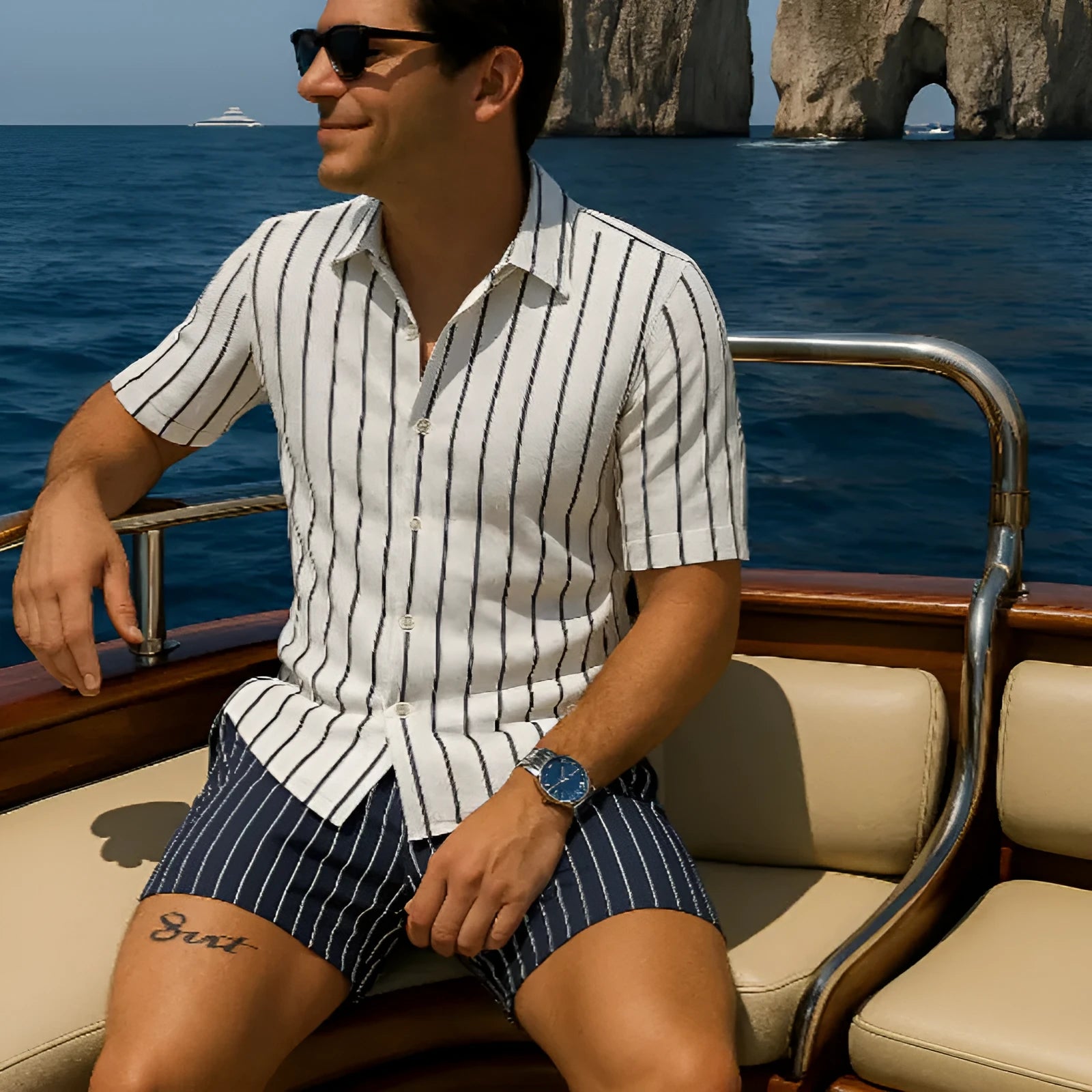 Man wearing a light mature casual style beach shirt and shorts matching set.