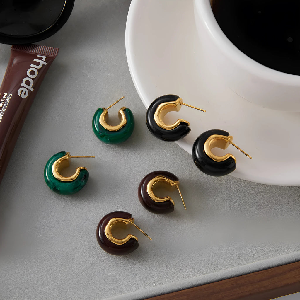 Stainless steel geometric ring stud earrings for women, electroplated, one pair, black brown green options