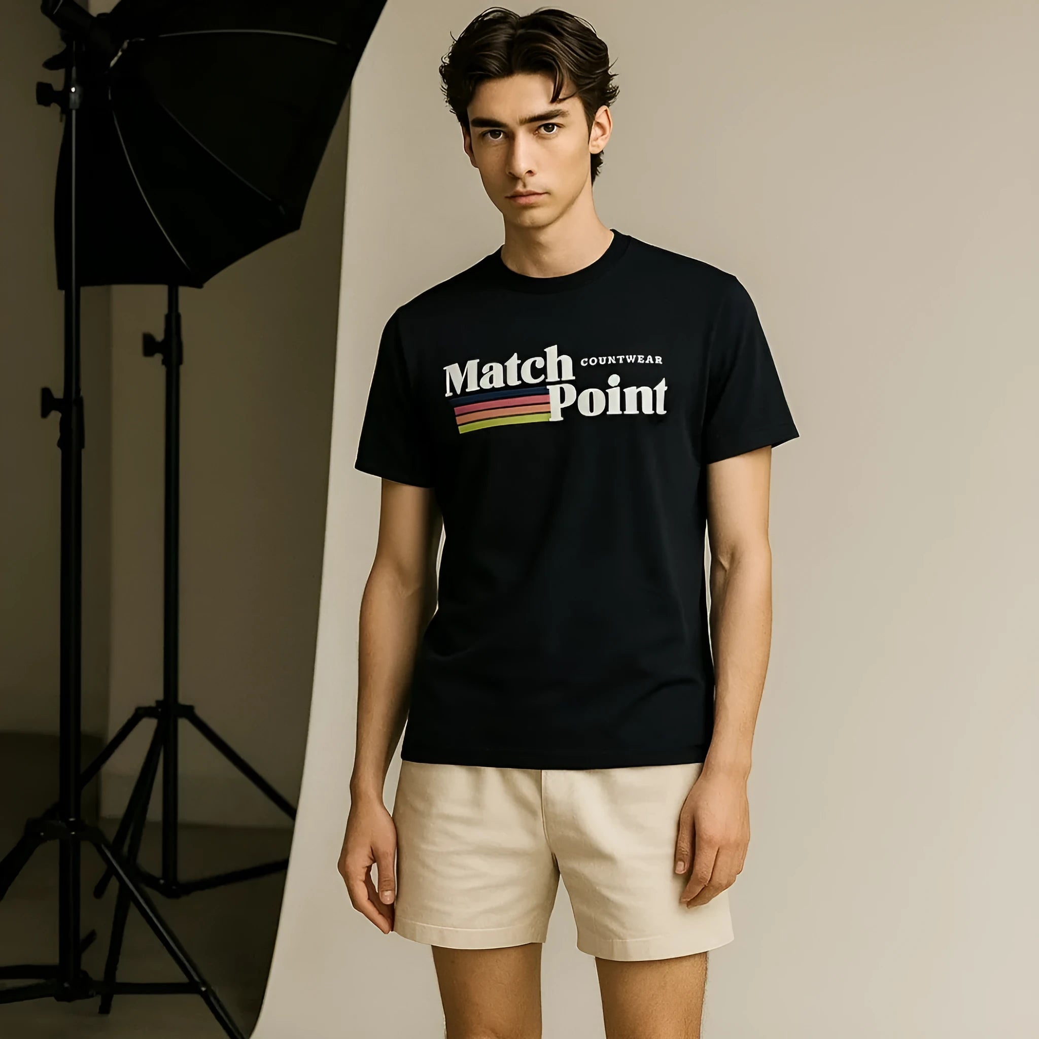 Black men's t-shirt with a 3D digital printed pattern, round neck, and short sleeves on a plain background.