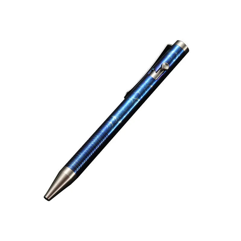 Titanium alloy gun bolt handle ball pen in a multicolour phantom finish, showing bolt action mechanism.
