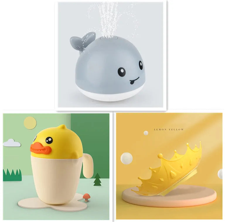 Electric whale-shaped bath spray toy with water-activated automatic spray, LED lights, and floating capability
