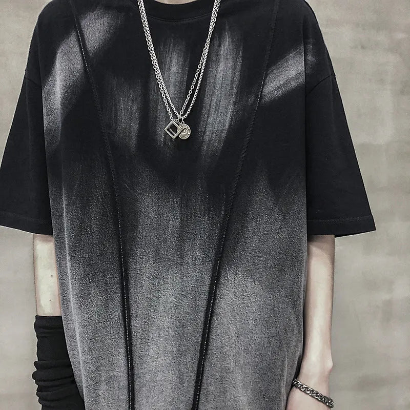 Black cotton short sleeve T-shirt with dark water wash finish, no-ironing treatment, crew neck, sizes M to XXL