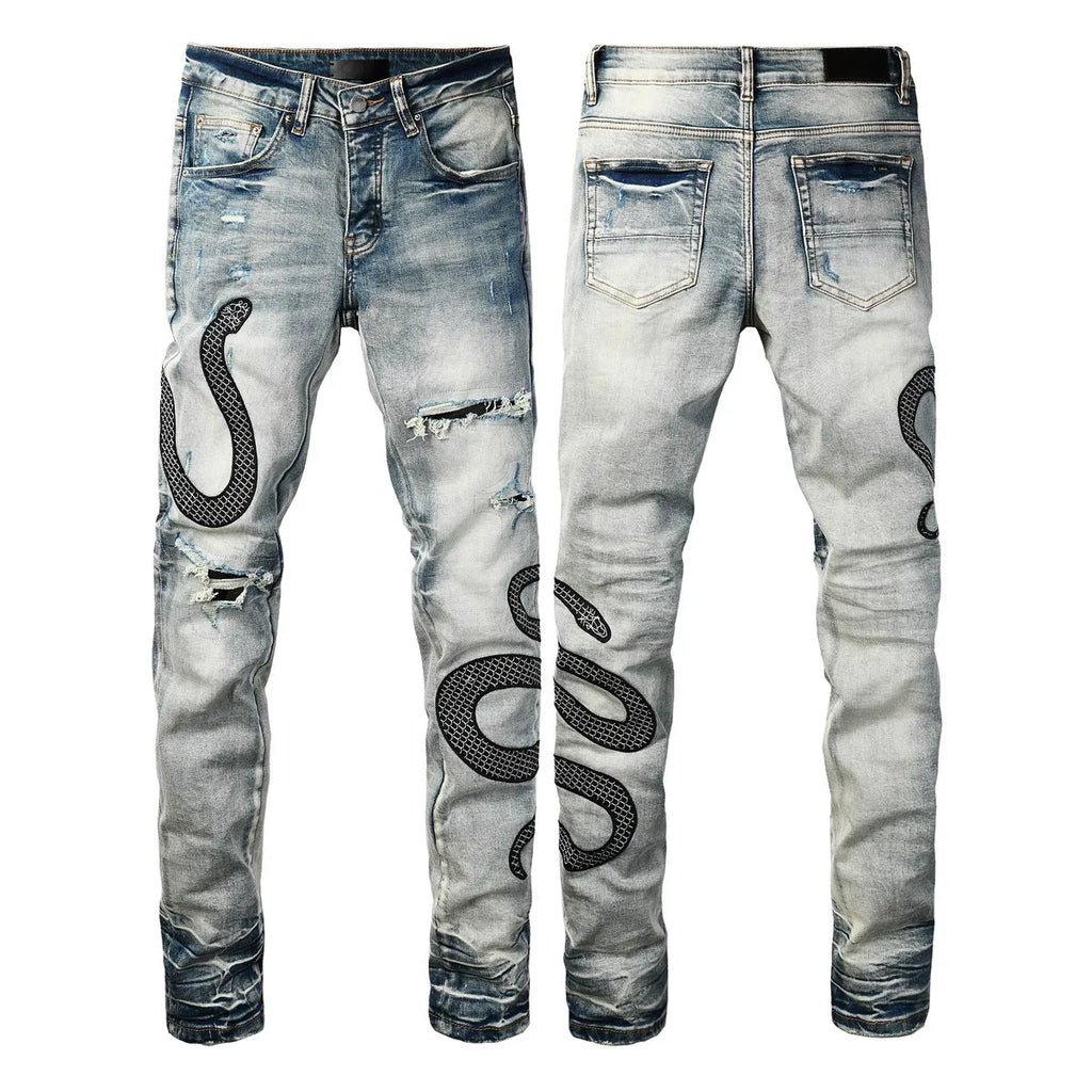 Street fashion distressed skinny jeans in 8934Blue wash with a tight fit and button fly.