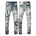 Street fashion distressed skinny jeans in 8934Blue wash with a tight fit and button fly.