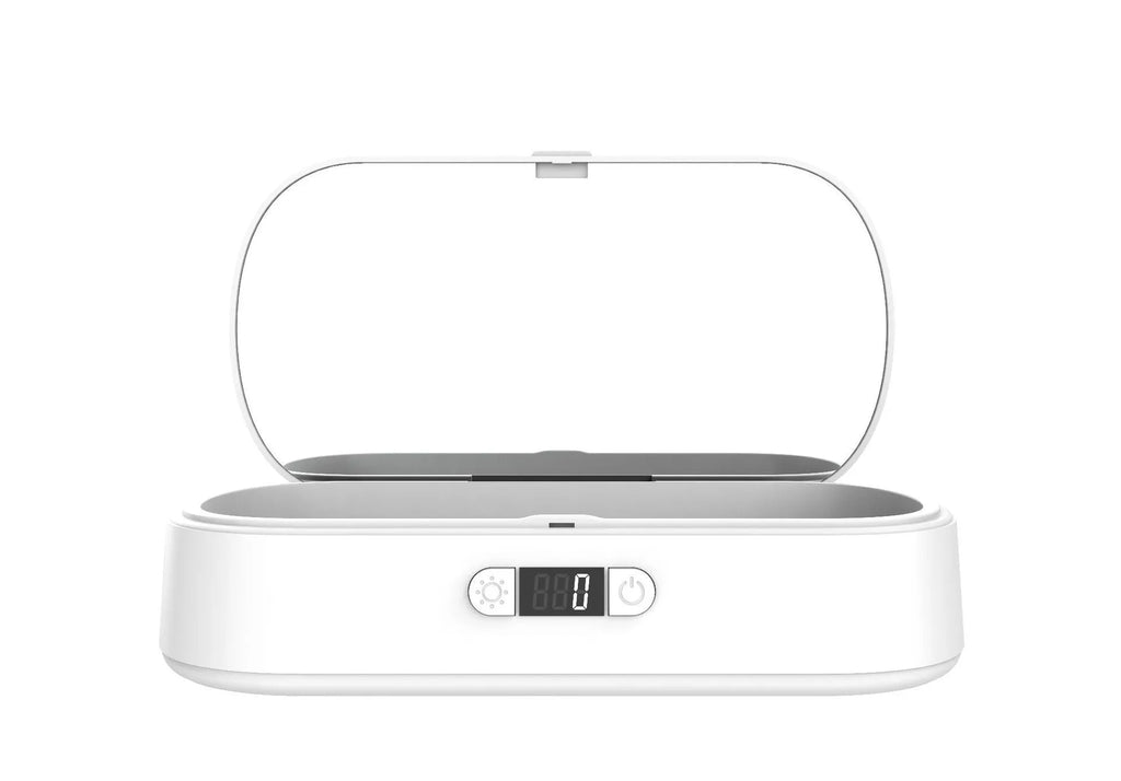 White rectangular wireless UV steriliser box with aromatherapy function for phones and small items.