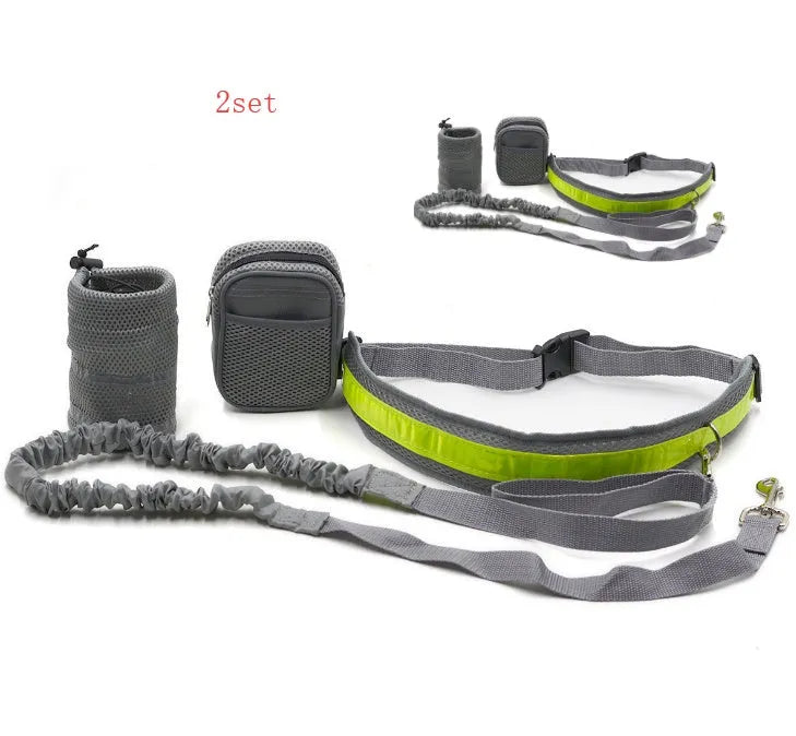 Adjustable hands free dog leash set with gray nylon retractable rope and waist bag on a grass field