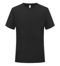 Men's solid colour loose-fit short sleeve polyester t-shirt on a hanger.