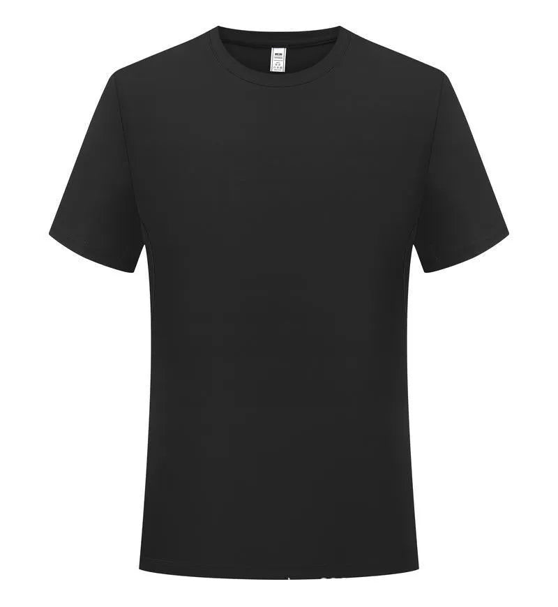 Men's solid colour loose-fit short sleeve polyester t-shirt on a hanger.