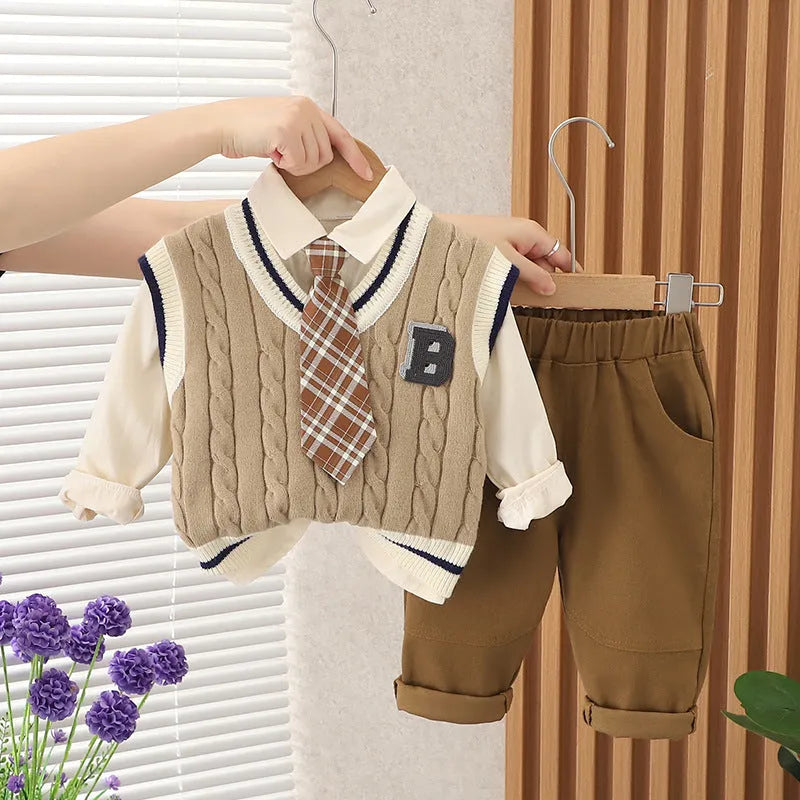 Boys cotton three-piece suit set with letter print blouse, trousers, and B-shaped sweater vest in beige