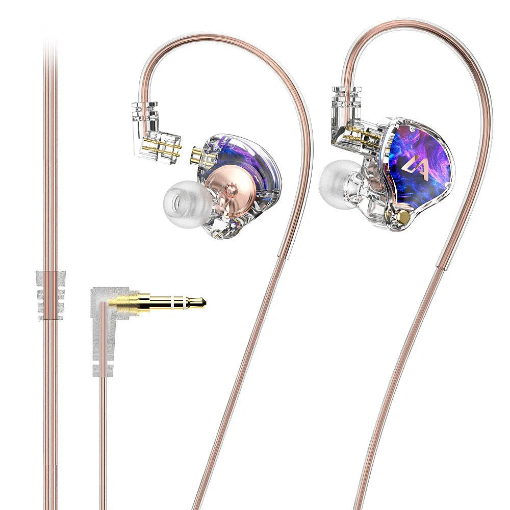 LM3 wired ear-mounted headphones with adjustable ear hook, silver-plated cable, and 3.5mm plug on a white background
