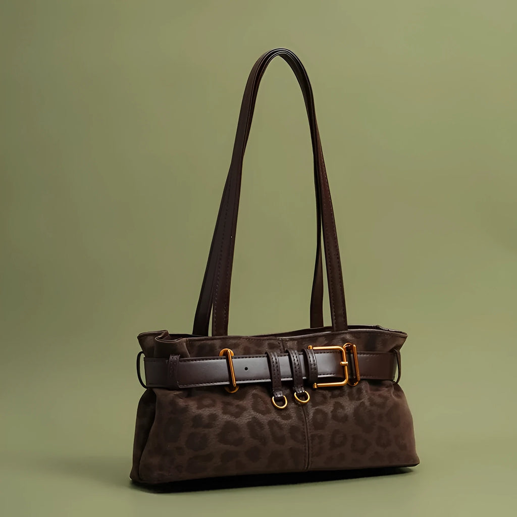 Retro leopard print shoulder bag in horizontal square shape, PU material, double straps, 30x15x10cm