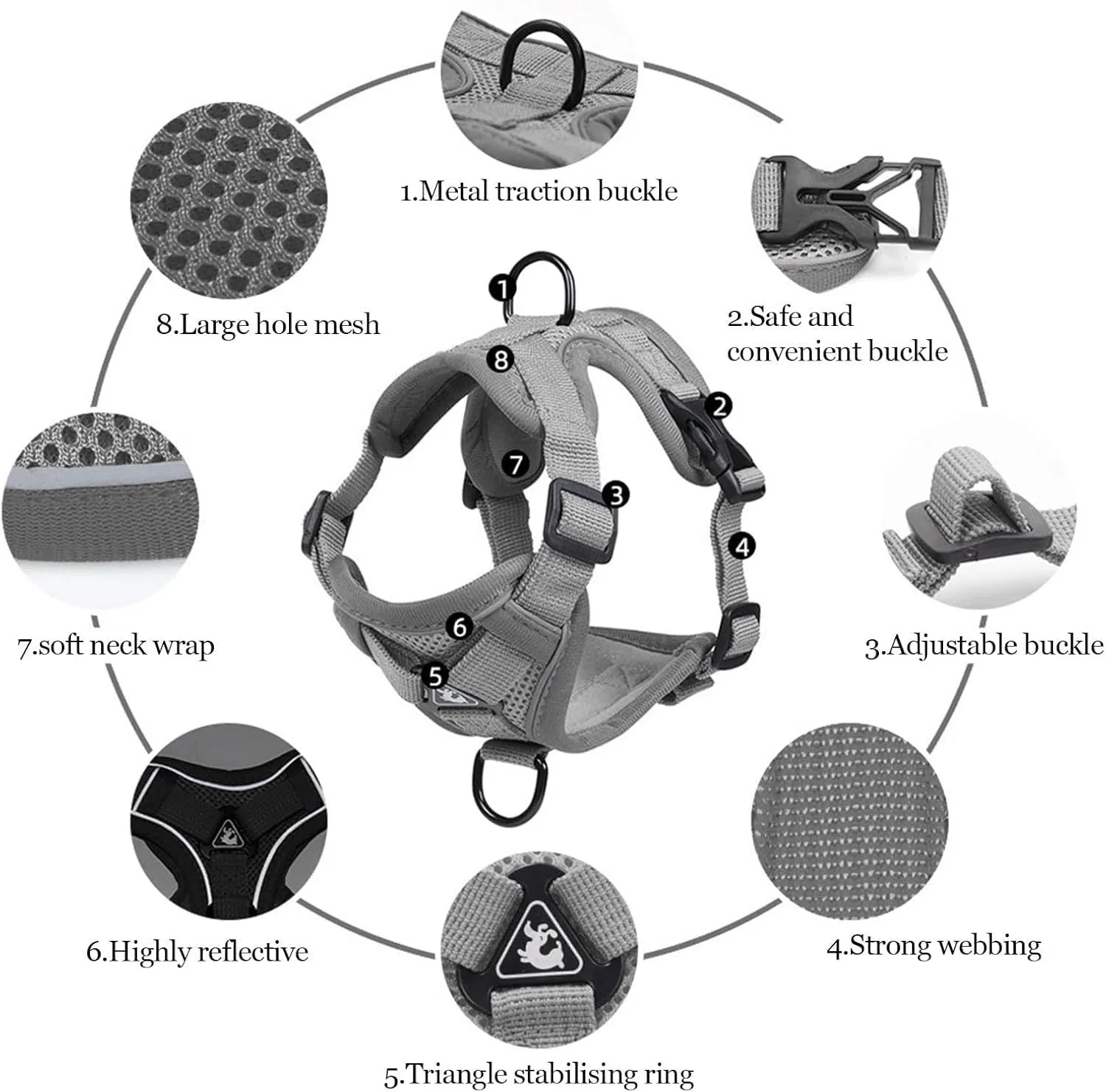 Adjustable soft mesh cat harness and leash set with reflective strips shown in blue, coffee, and grey colours.