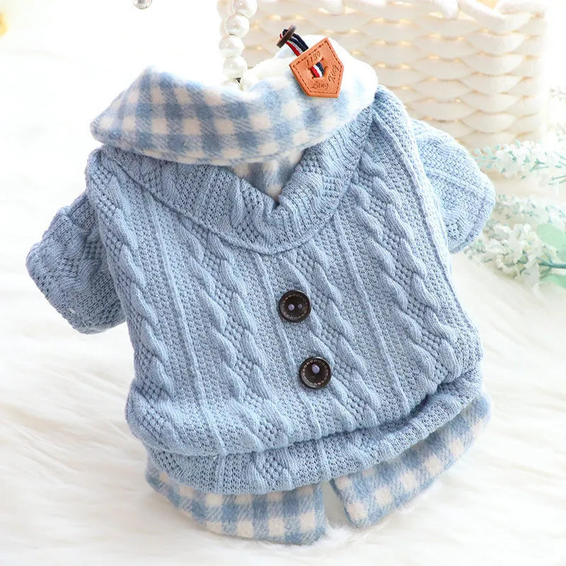Blue and pink plaid dog sweater with fleece lining and fake two-piece design in sizes XS to XL