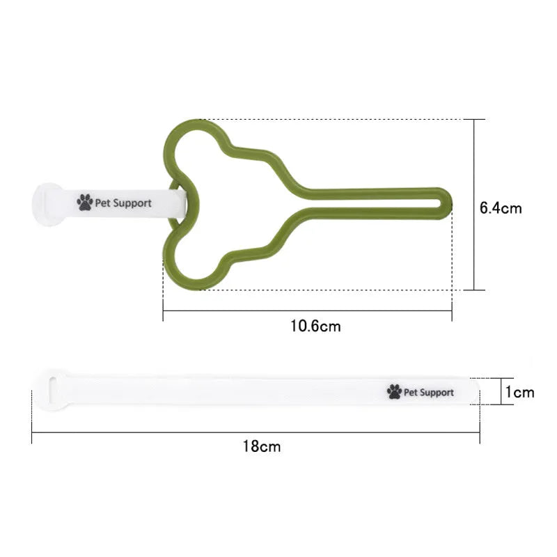 A hands-free dog poop bag holder with a clip and adjustable Velcro strap, shown in a random colour.