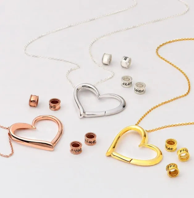 Personalised heart name pendant necklace in silver alloy with beaded lettering and box chain