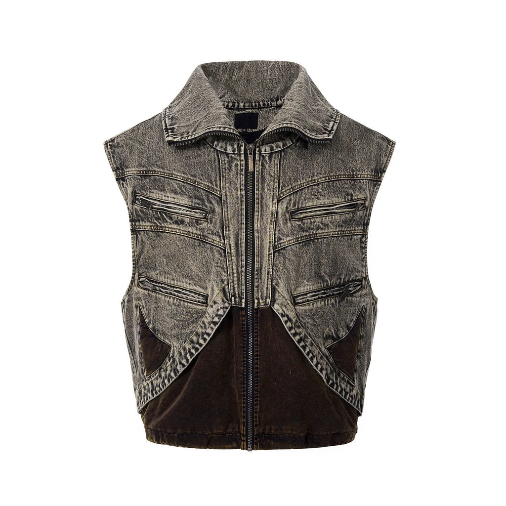 Men's denim vest with front zipper closure and sleeveless cotton construction
