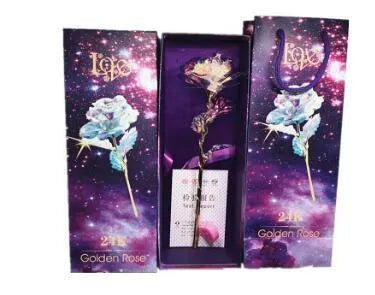 24K luminous gold rose flower set in gift box with tote bag, handmade plastic bouquet non-fade artificial roses